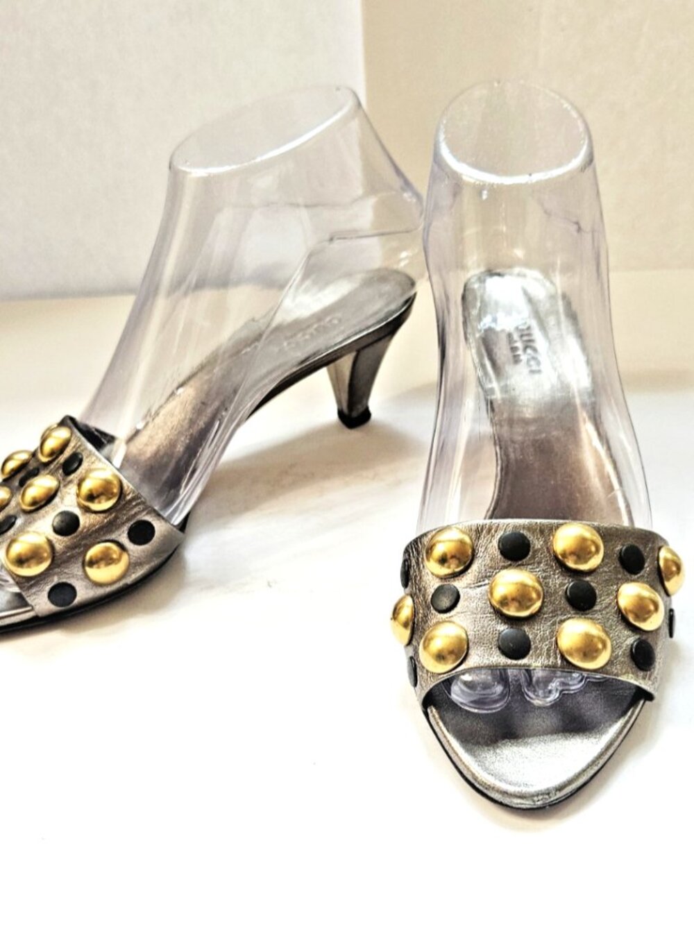 Gucci Metallic Leather Embellished Slide Sandals Size 36 US 6 Heeled Mule